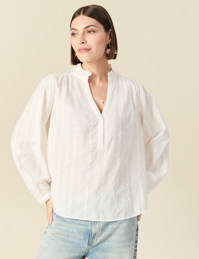 Blouse col mao manches longues en coton ecru femme