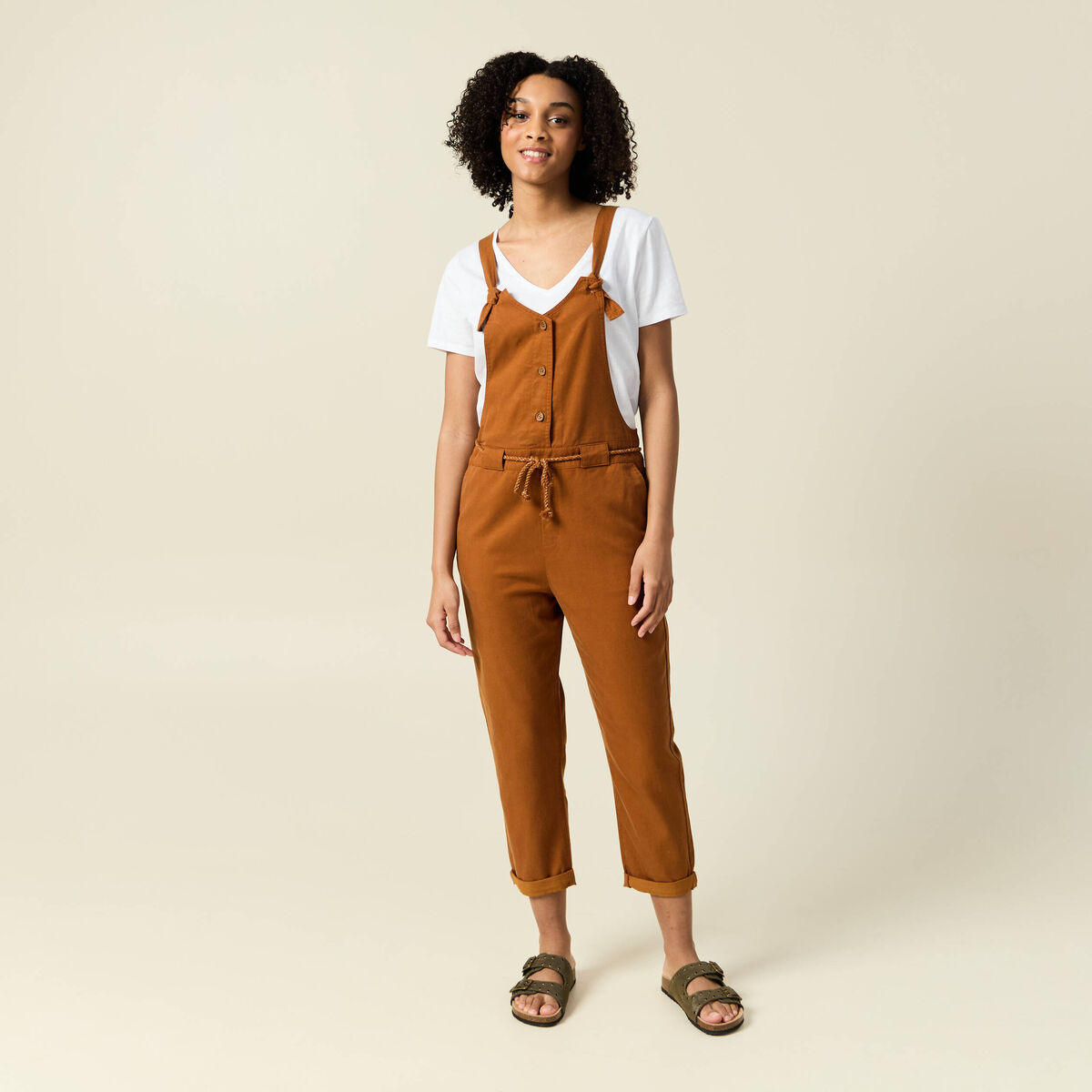 Salopette fluide boutonnée camel femme