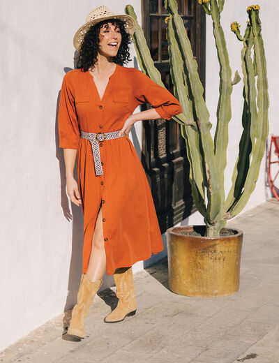 Robe midi évasée ceinturée marron cognac femme