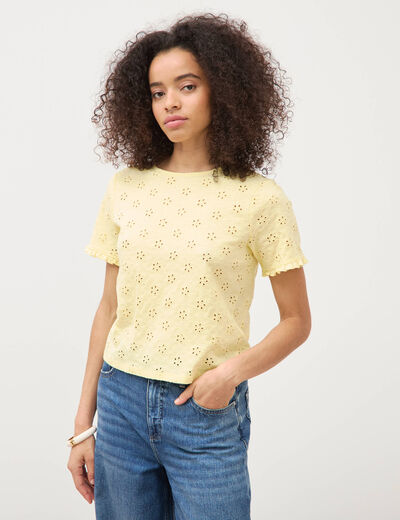 T-shirt droit col rond broderie coton jaune pastel femme