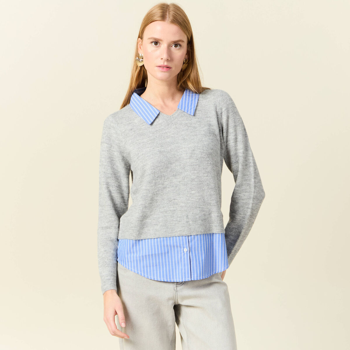 Pull manches longues gris clair femme