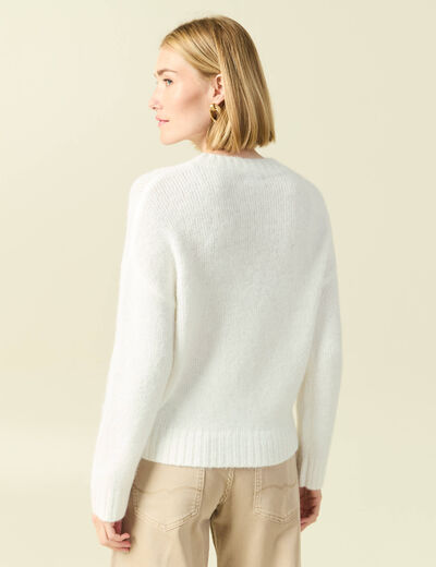 Pull col rond manches longues brod&eacute; ecru femme
