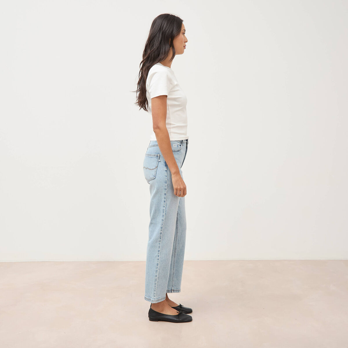 Jeans straight 7/8&egrave;me taille haute denim bleach femme