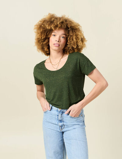 T-shirt manches courtes brillant vert kaki femme