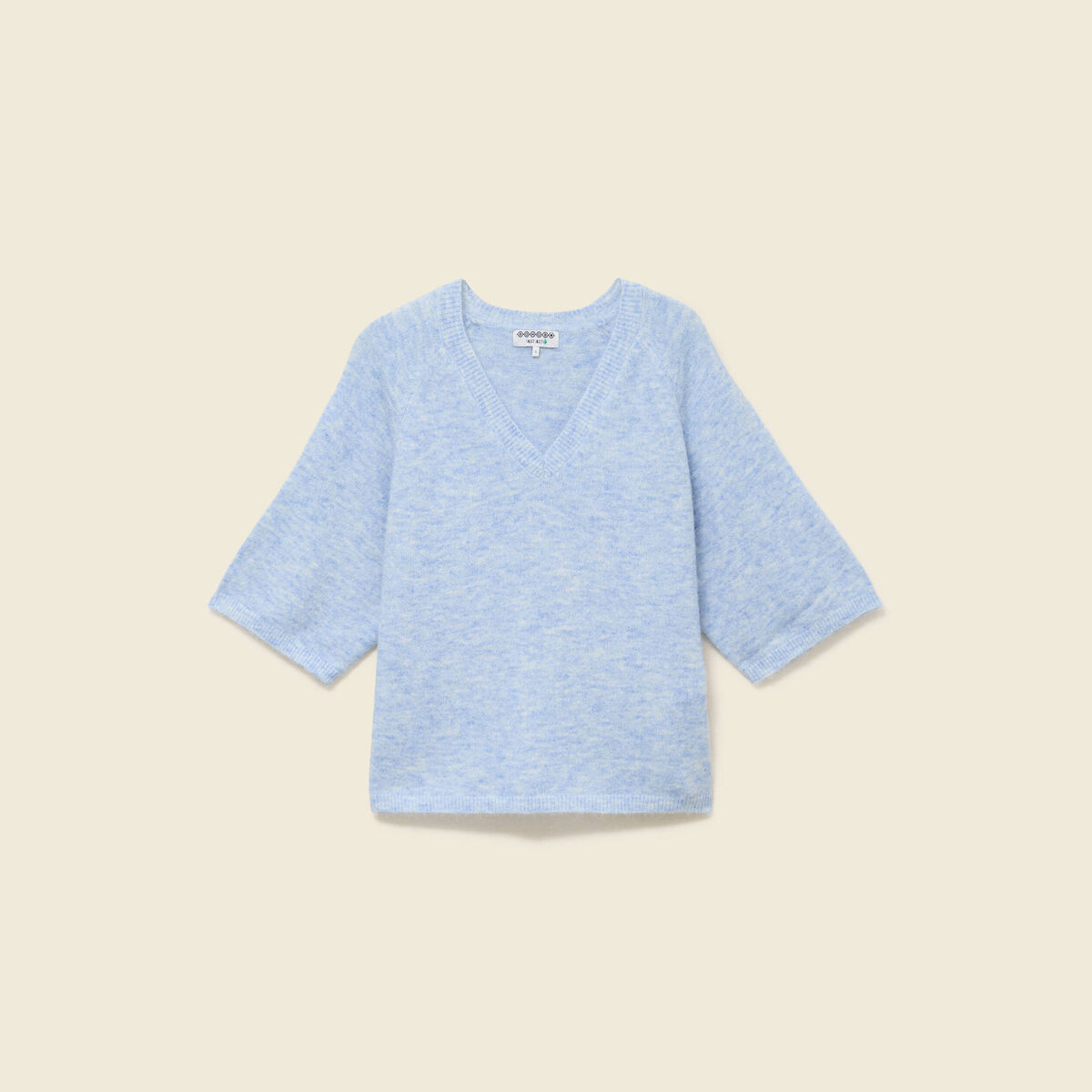 Pull col v manches 3/4 bleu ciel femme