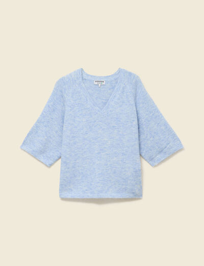 Pull col v manches 3/4 bleu ciel femme
