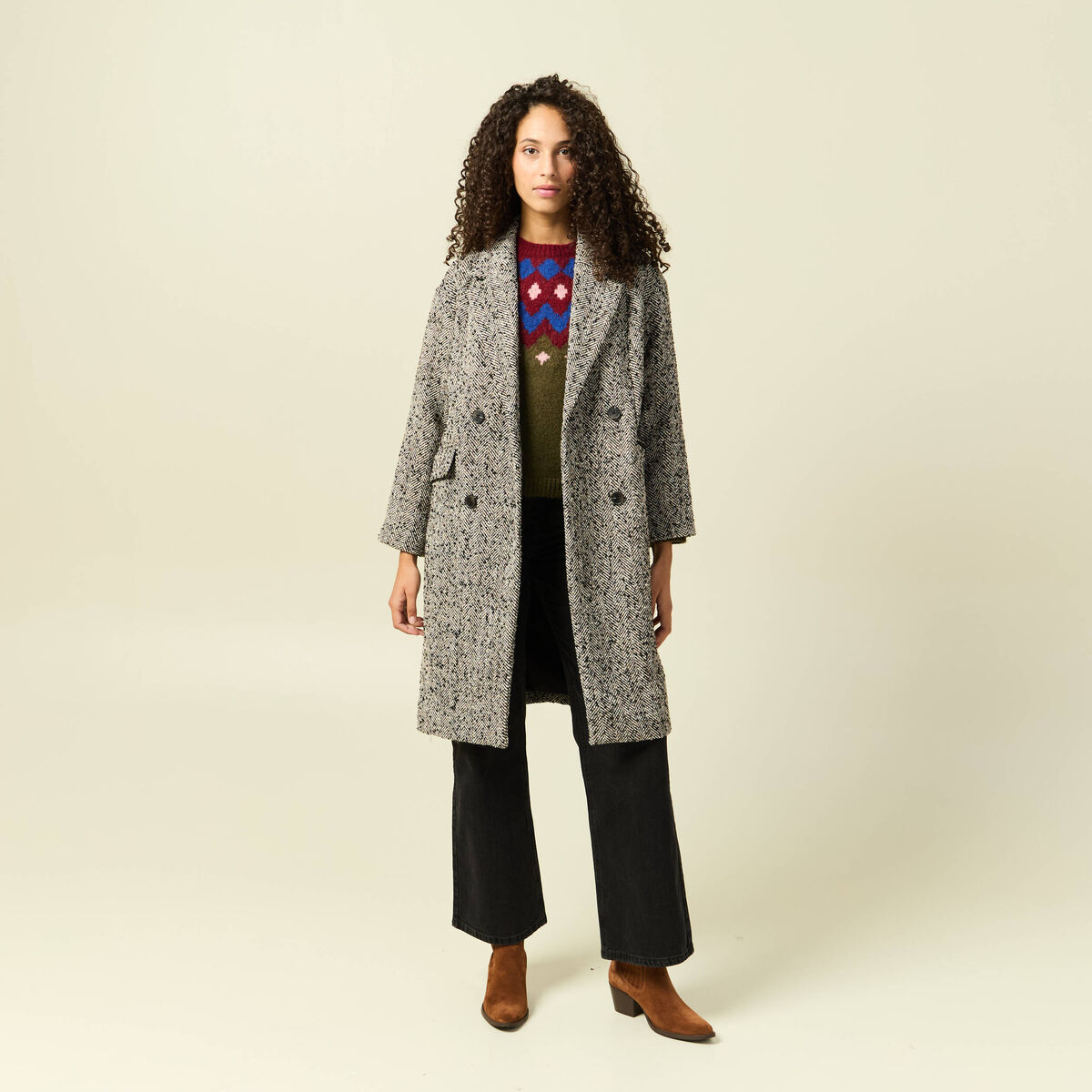 Pull col rond manches longues vert kaki femme