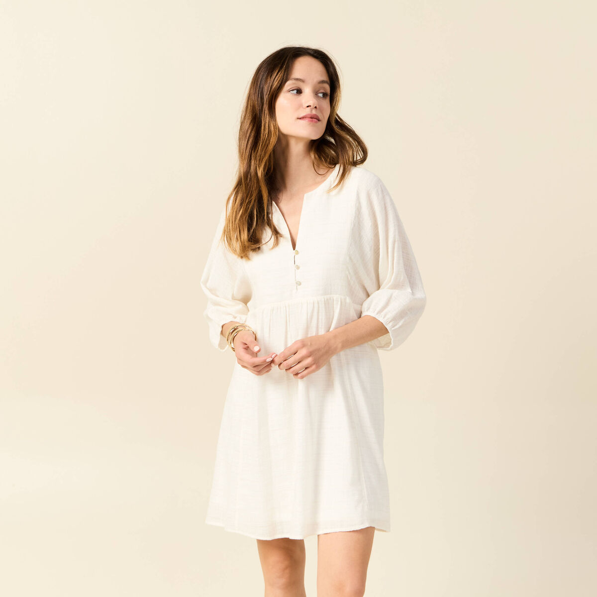 Robe évasée manches 3/4 ecru femme