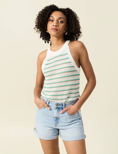 D&eacute;bardeur tricot ajour&eacute; blanc femme