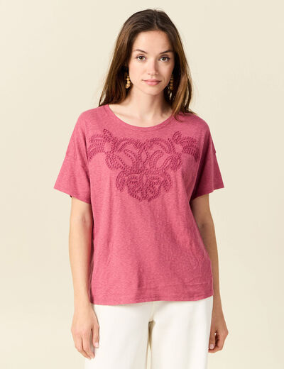 T-shirt manches courtes brodé vieux rose femme