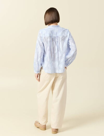 Chemise en coton col V manches longues bleu gris femme