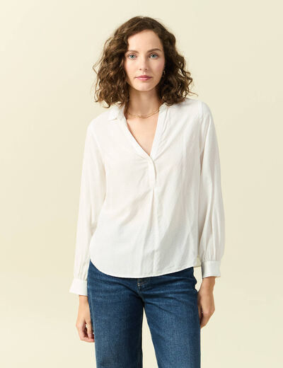 Blouse manches longues col V fluide ecru femme