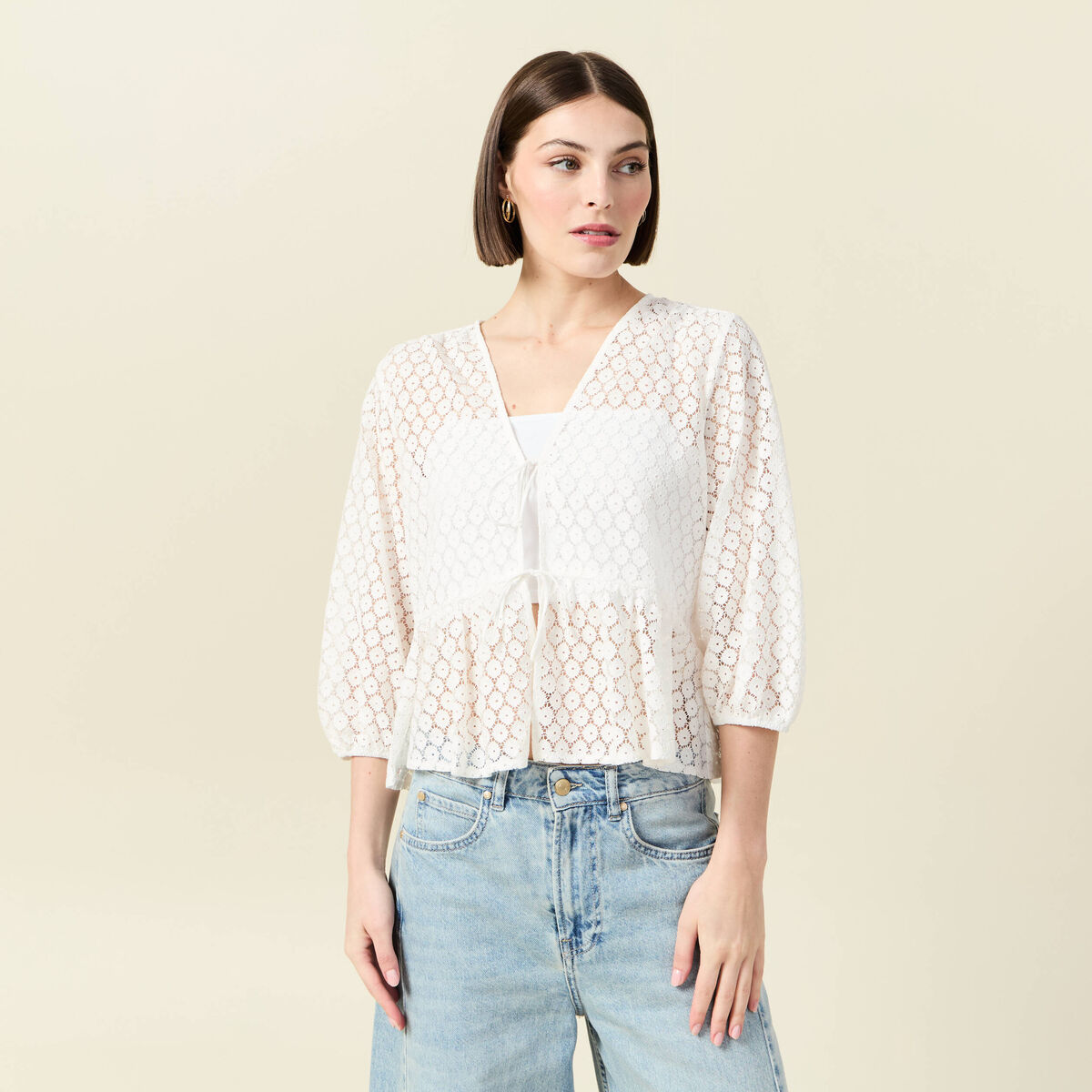 Chemise cintrée courte manches 3/4 ecru femme