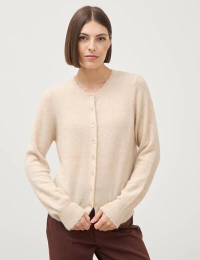 Gilet droit col rond manches longues creme femme