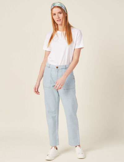 Jeans cargo taille haute denim bleach femme