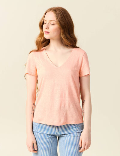 T-shirt col v en lin manches courtes rose saumon femme