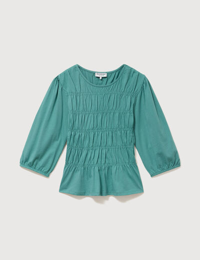 T-shirt cintr&eacute; col rond manches longues vert femme