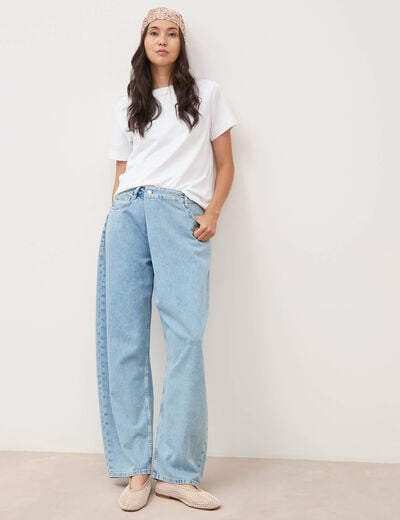Jeans wide leg cropped taille bascul&eacute;e bleu ciel femme