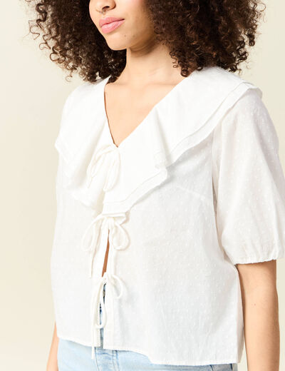 Blouse manches courtes nouée ecru femme