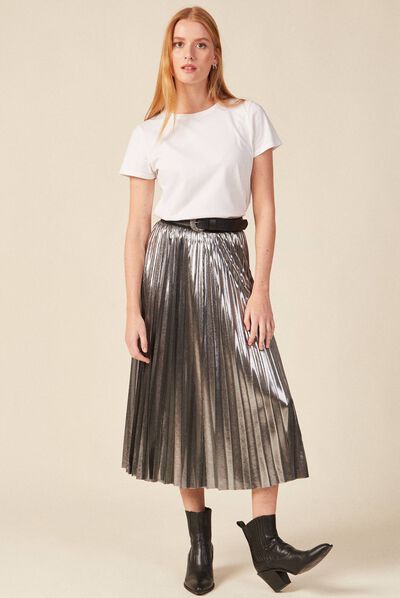 Jupe midi évasée plissée gris argent femme