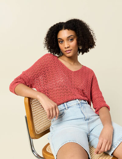 Pull manches 3/4 ajouré vieux rose femme