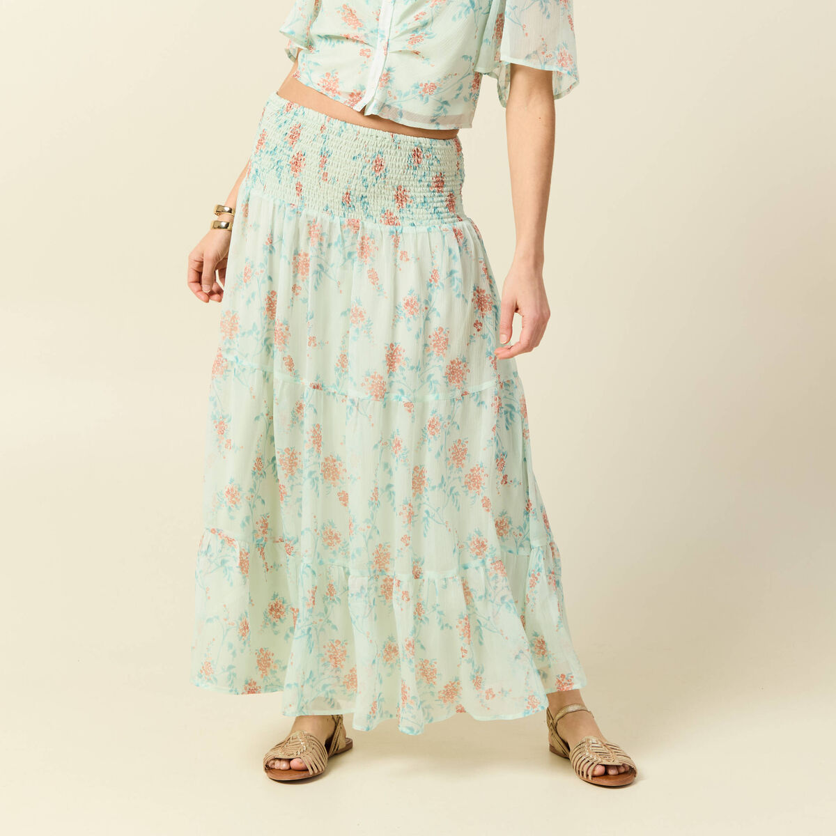 Jupon taille haute doubl&eacute; fluide vert pastel femme