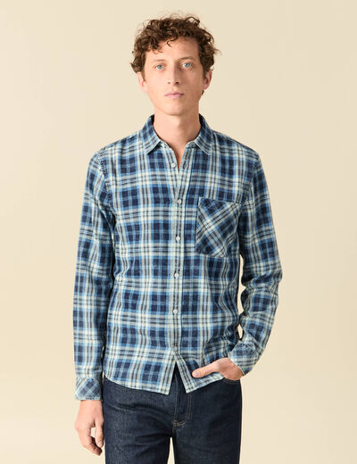Chemise droite courte en coton bleu fonc&eacute; homme