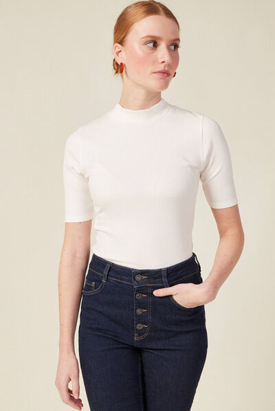 T-shirt manches courtes côtelé ecru femme