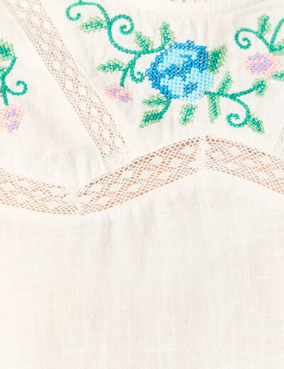 Chemise bord&eacute;e en coton manches longues ecru femme