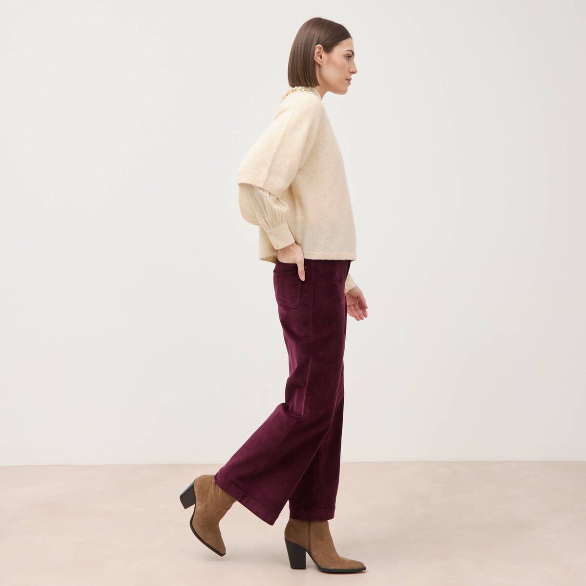 Pull droit col rond manches courtes ivoire femme