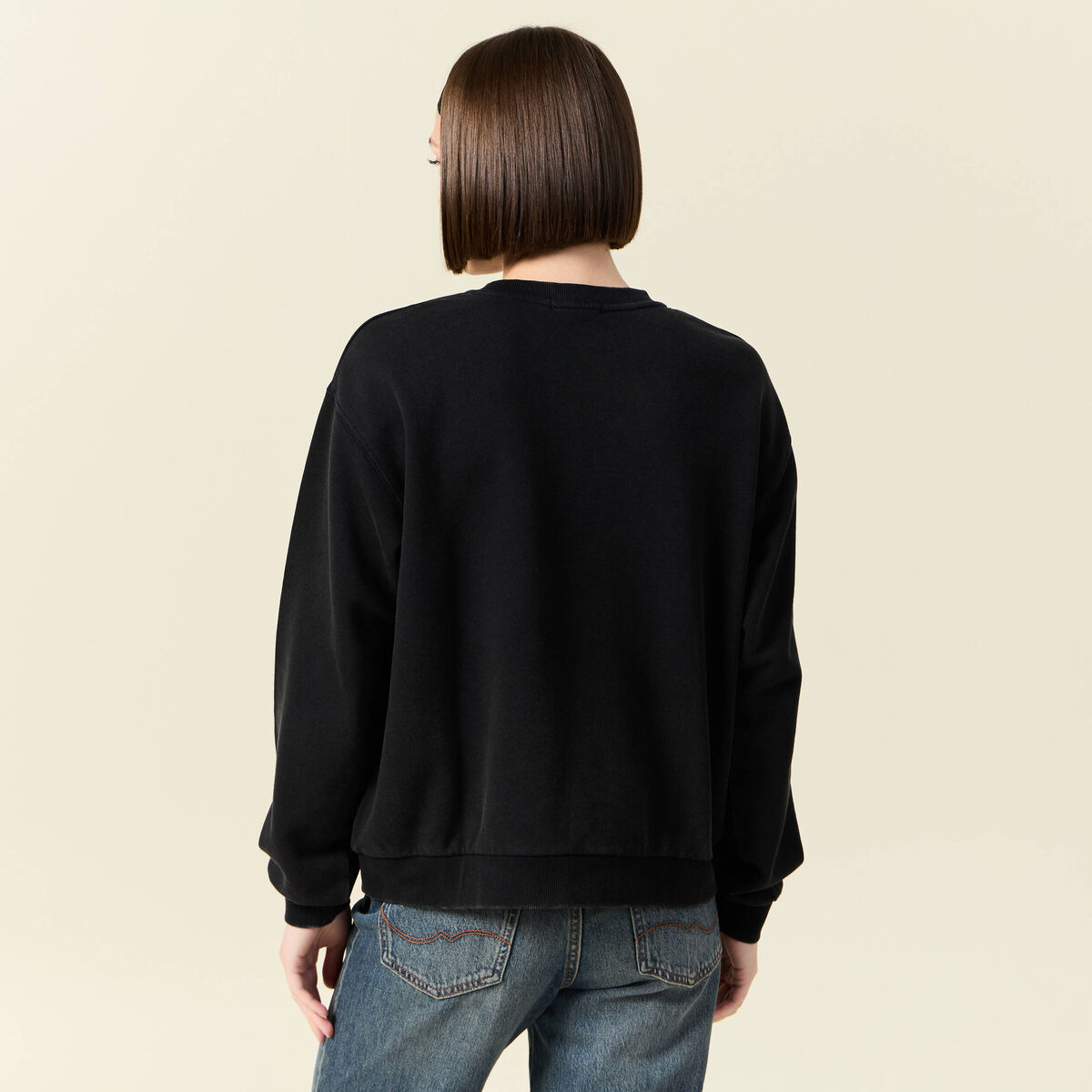 Sweat col rond manches longues en coton noir femme