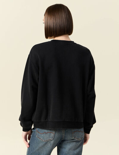 Sweat col rond manches longues en coton noir femme