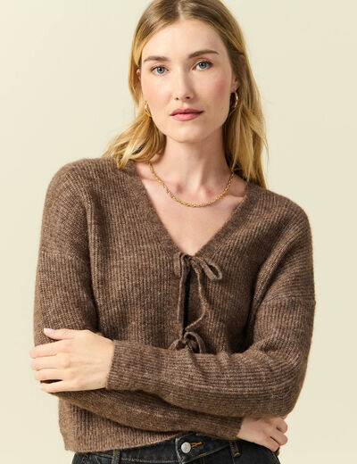 Gilet col V manches longues n&oelig;uds marron femme