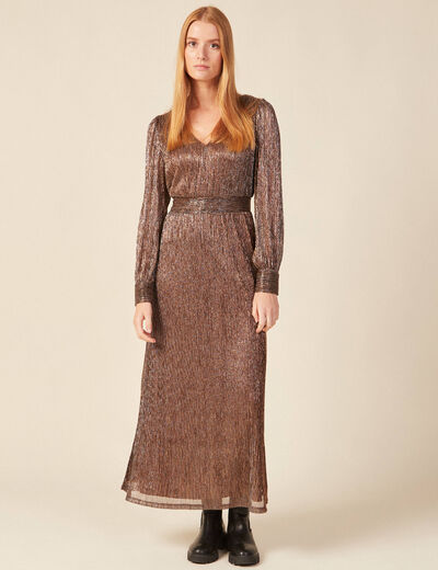Robe longue évasée col en V marron cognac femme