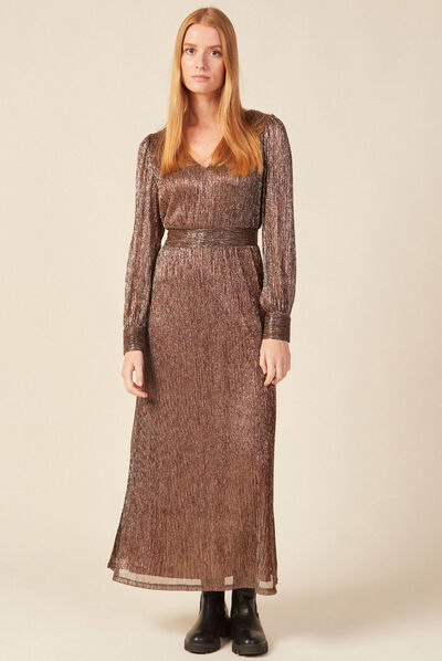 Robe longue évasée col en V marron cognac femme