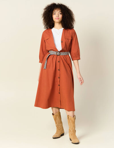 Robe midi évasée ceinturée marron cognac femme