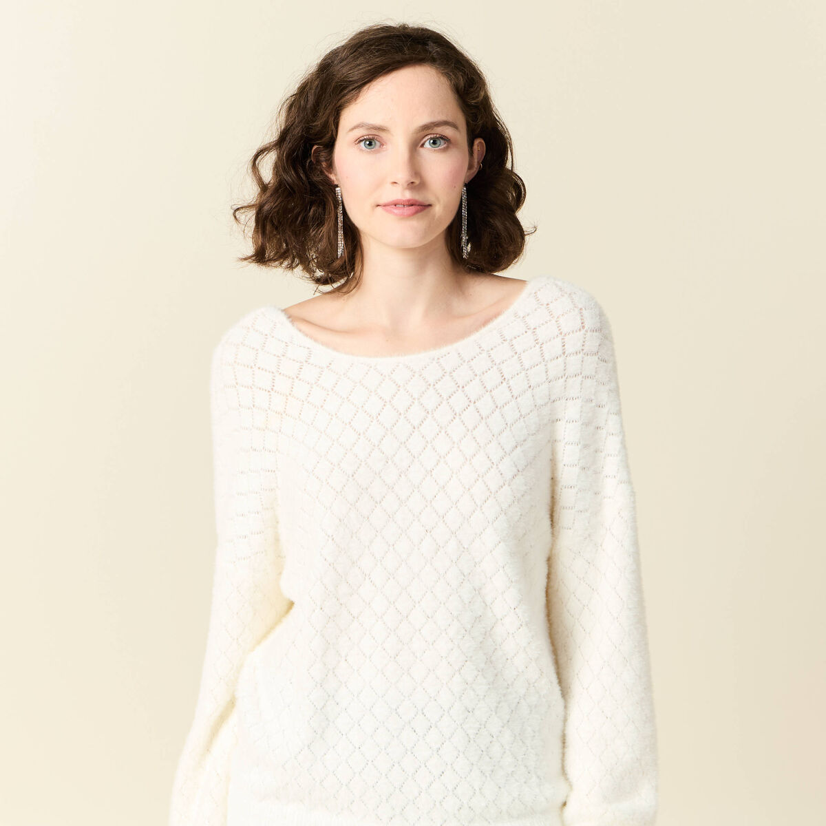 Pull manches longues r&eacute;versible ecru femme