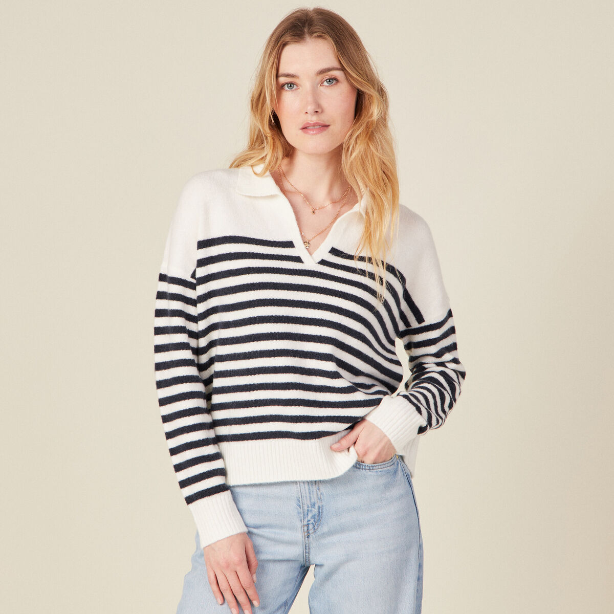 Pull col polo ecru femme