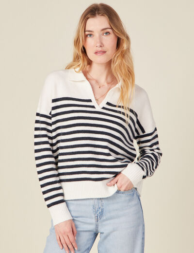 Pull col polo ecru femme