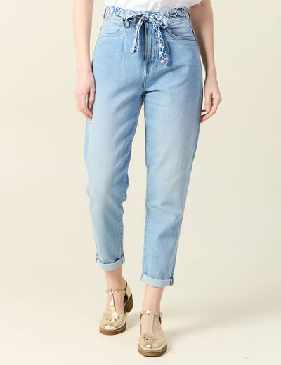 Jeans mom ceinture foulard denim bleach femme