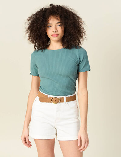 T-shirt manches courtes côtelé vert foncé femme