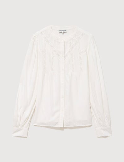 Blouse ajour&eacute;e col rond manches longues ecru femme
