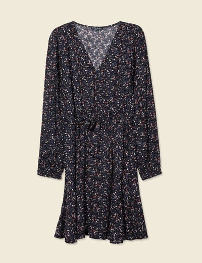Robe droite courte col v manches longues noir femme