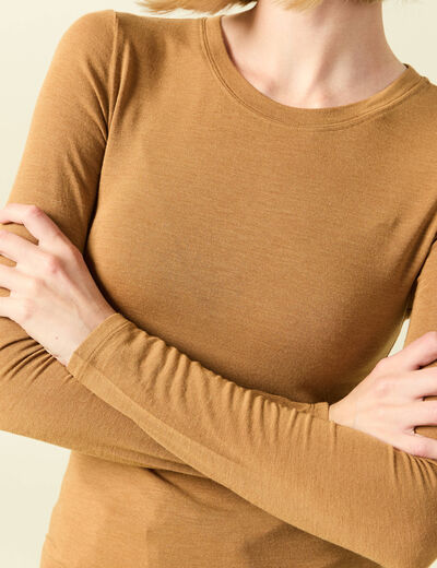 T-shirt cintr&eacute; manches longues col rond marron clair femme