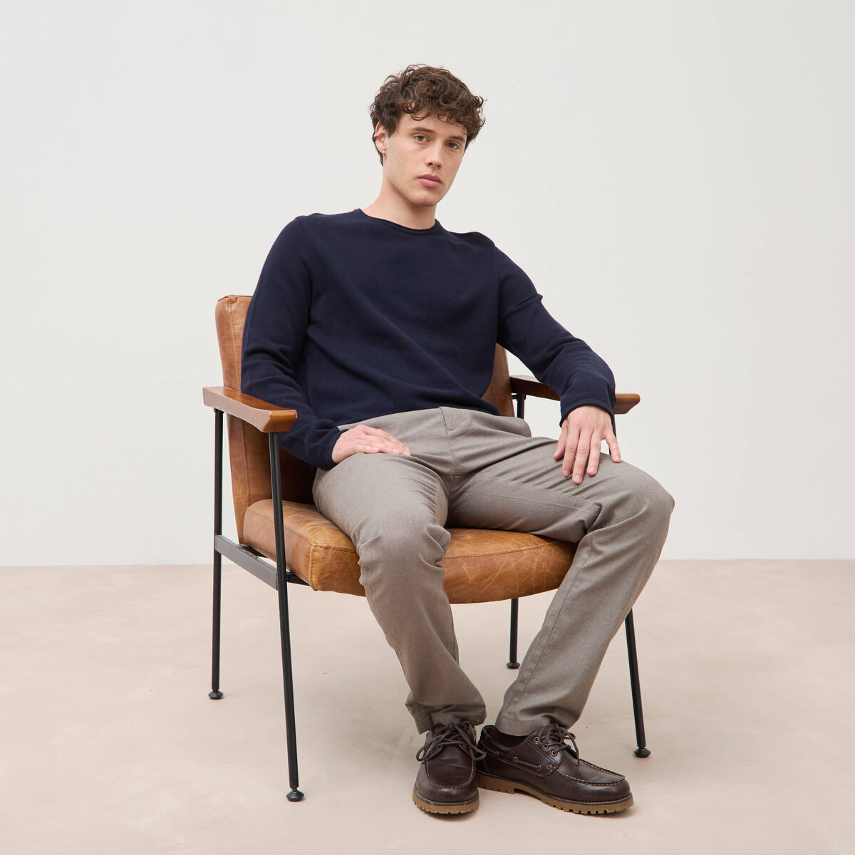 Pull col rond manches longues bleu marine homme
