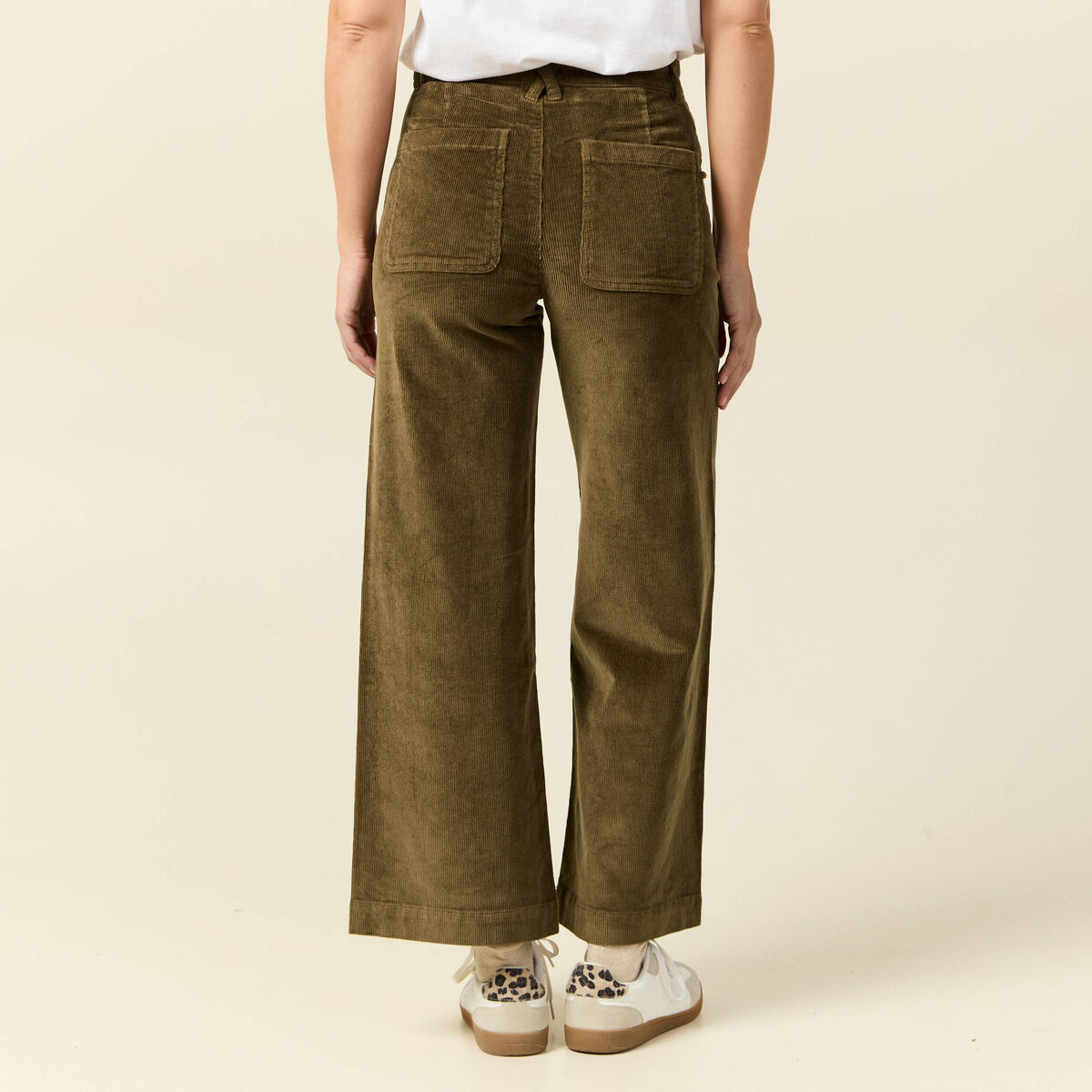 Pantalon large taille haute en velours vert kaki femme