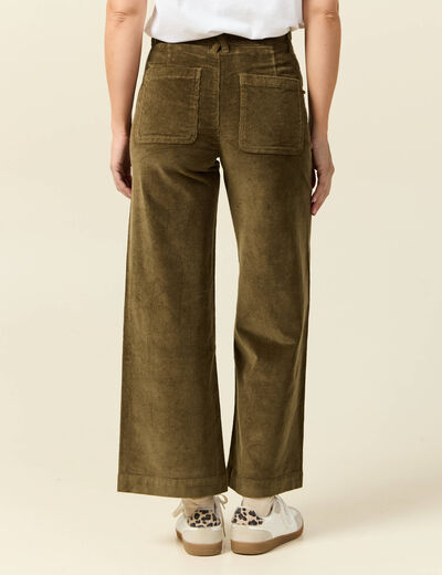 Pantalon large taille haute en velours vert kaki femme