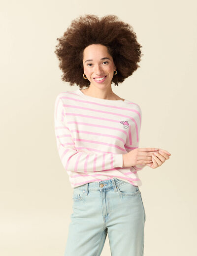Pull col rond manches longues broderie rose clair femme