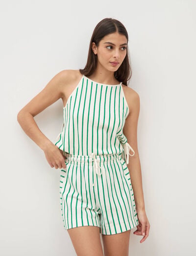 Short taille haute en maille ray&eacute;e vert femme