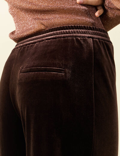 Pantalon large taille haute en velours marron fonc&eacute; femme